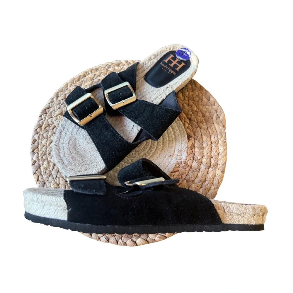Haute‎ Hippie Womens Black Suede Espadrille Slide Sandals Gold Buckle 8.5